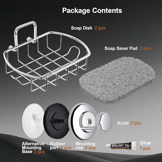 HASKO 2-Pack Suction Cup Soap Holder – Bar Soap Dish for Shower with Hooks for Bathroom – Optional Mounting with Adhesive Tape – Includes 2 Soap Savers – Polished Stainless Steel SS304