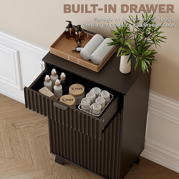 Double Tilt Out Laundry Hamper Cabinet, 20 Gallon Wooden Trash Can Cabinet with Storage Drawers, Hidden Fluted Garbage Can Holder for Kitchen, Living Room (Black, 20.47" W x 35.83" H x 13" D)