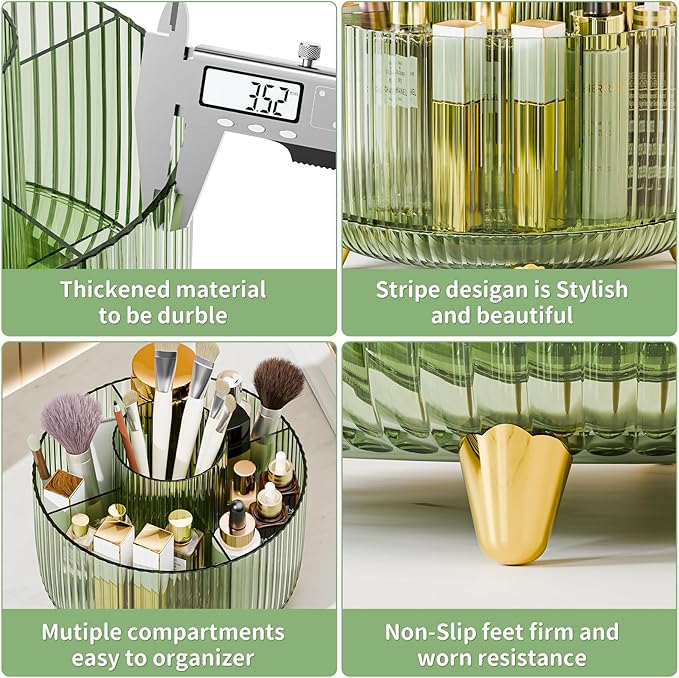 Clear Rotating Makeup Organizer Countertop for Vanity, 360?? Makeup Brush Holder Organizer with 5 Compartments, Transparent Cosmetic Storage for Lipstick, Skincare, Bathroom Counter(Transparent Green)
