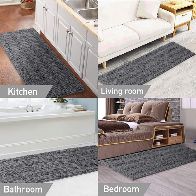 Turquoize Plush Chenille Bath Rug, Gray, Large (47 x 17"), Non-Slip, Washable, Water Absorbent & Soft, For Bathroom Floor