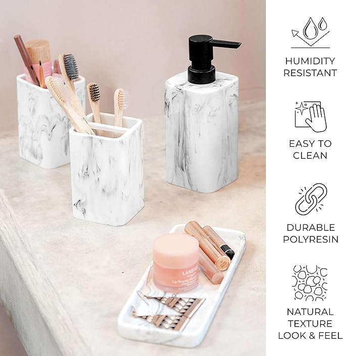 ZCCZ Bathroom Accessory Sets, 4 Pieces Bathroom Accessories Complete Set Vanity Countertop Accessory Set with Marble Look, Includes Lotion Dispenser, Toothbrush Holder and Tray (White Marble Look)