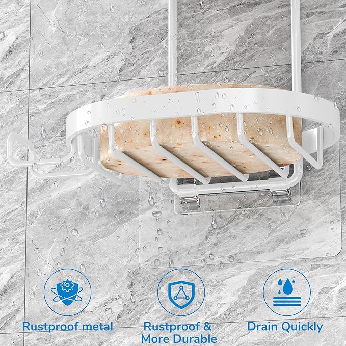 MASADI 2 Tier Soap Dish Holder, Soap Bar Holder with Hooks, Shampoo Bar Caddy for Shower Wall, Razor Holder for Shower, Bar Soap Container 304 Stainless Steel, Bathroom(White)