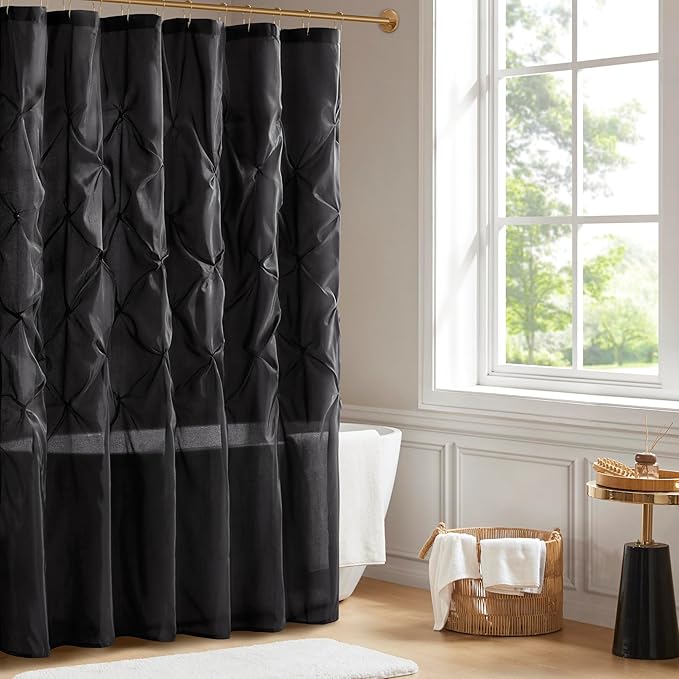 Madison Park Laurel Semi-Sheer Black Shower Curtain – Lightweight Faux Silk Fabric, 72x72 in, Light Filtering, Modern Style Bathroom Curtain Textured Tufting Detail Modern Mid-Century Bathroom Decor
