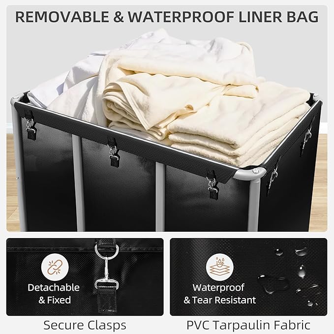 STORAGE MANIAC Commercial Laundry Cart with Wheels 420L Sturdy Steel Frame Heavy Duty Rolling Laundry Hamper on Wheels Big Laundry Basket with Removable Waterproof Liner Bag, 400 lbs Load, Black