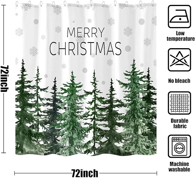 Accnicc Christmas Shower Curtain Winter Snowflake Pine Tree Shower Curtains for Bathroom Green Forest Xmas Trees Waterproof Fabric Bath Curtain Decor 72 X 72 Inch