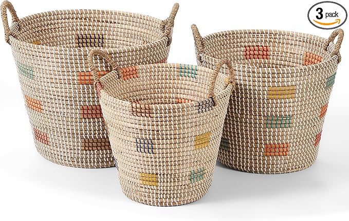 3 Pack Laundry Baskets Hamper for Organizing, Large Storage Baskets Bin with Handles, Woven Blanket Basket, Living Room Bedroom Laundry Room Home Decor for Toys Clothes Shoes Plant