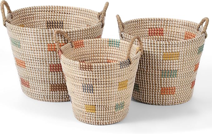 Laundry Hamper Basket 3-Piece Set with Handles - Large (45L), Medium (29L), Small (20L) - Natural Seagrass Woven Storage Bins for Clothes, Blankets, Toys, Bedroom & Bathroom Organization