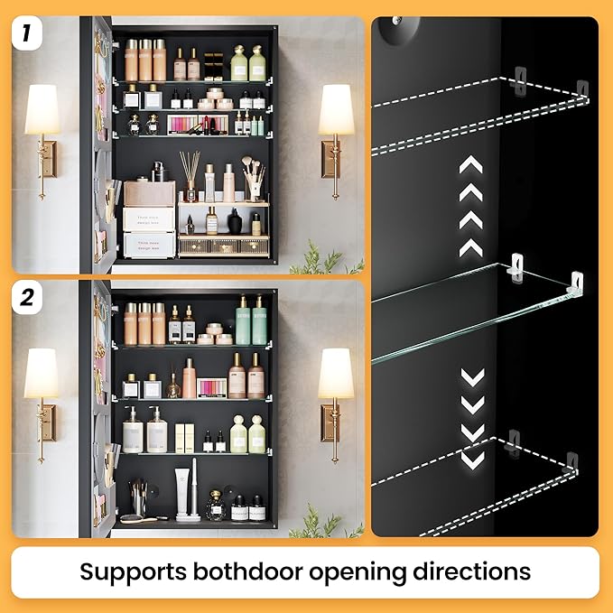 Medicine Cabinet with Mirror, 20x26 Inch Aluminum Bathroom Cabinet with Adjustable Glass Shelves, Built-in Makeup Storage, Recessed or Surface Mount, Soft Close Hinges, Matte Black