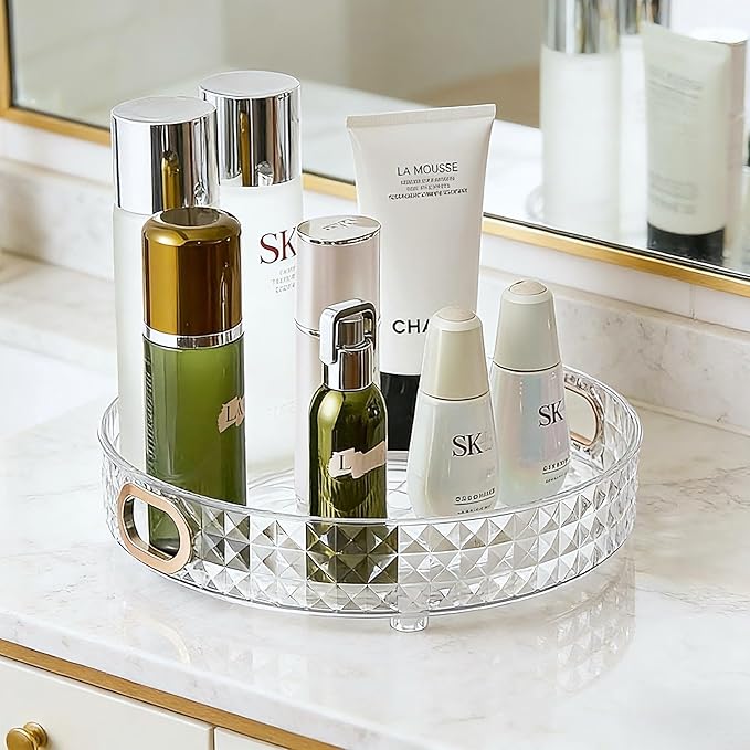 360 Rotating Makeup Organizer, 1 Tier Diamond Pattern Perfume Organizer, 10.5" Large Capacity Skincare Lotion Organizer, Designed for Vanity and Bathroom Countertops, Clear