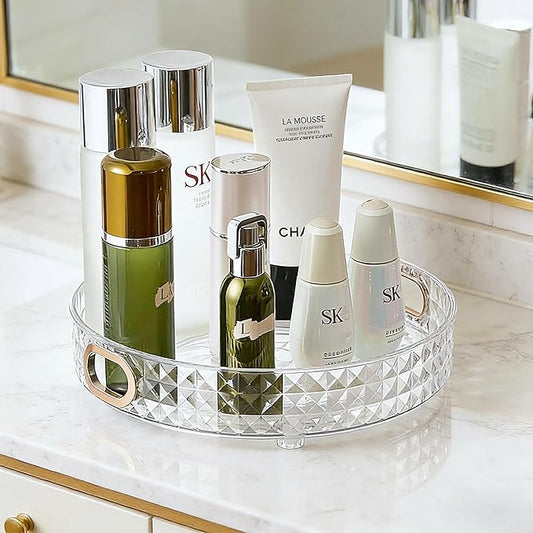 360 Rotating Makeup Organizer, 1 Tier Diamond Pattern Perfume Organizer, 10.5" Large Capacity Skincare Lotion Organizer, Designed for Vanity and Bathroom Countertops, Clear