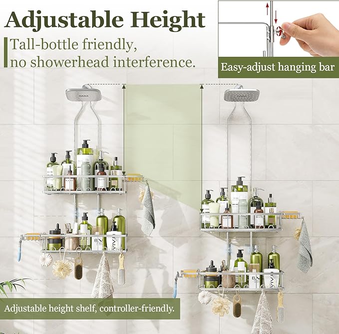 Skyapex Shower Caddy Hanging: Adjustable Height, Rustproof Shelves with Hooks, 2 Soap Holders - Silver Shower Organizer Over Showerhead