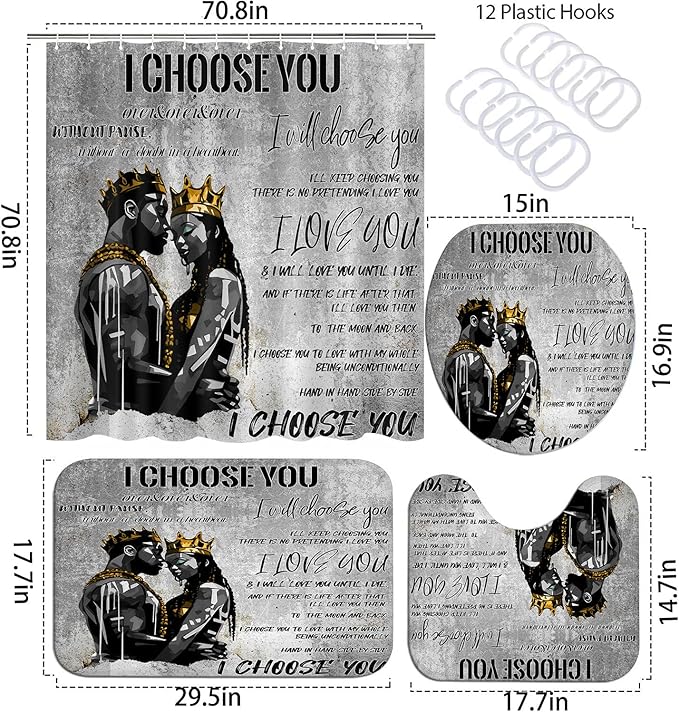 4pcs Romantic Couples Shower Curtain and Rugs Toilet Lid Cover Bath Mat, Full in Love Black Man Women Shower Curtain Set with Hooks, Black King Queen Valentine's Day Bathroom Decor Set