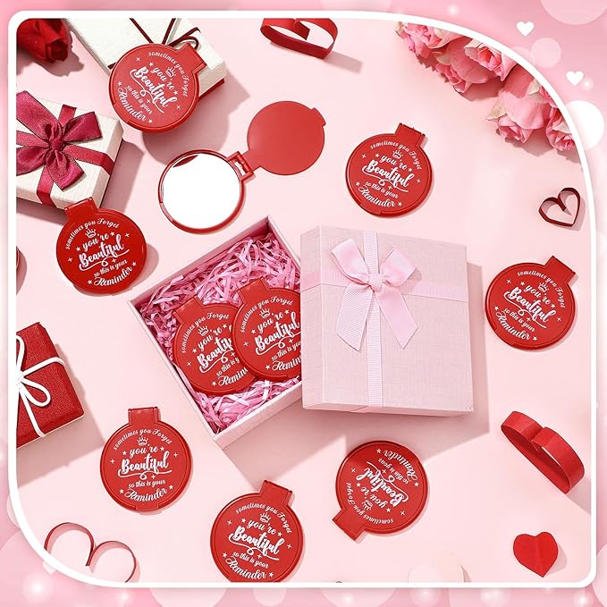 18 Pcs 2.76 Inch Inspirational Compact Mirror Bulk Women Small Gifts Graduation Party Favors Purse Mirror Pocket Mini Stuffer Items for Adult Coworker Cheerleader Employee (Red)