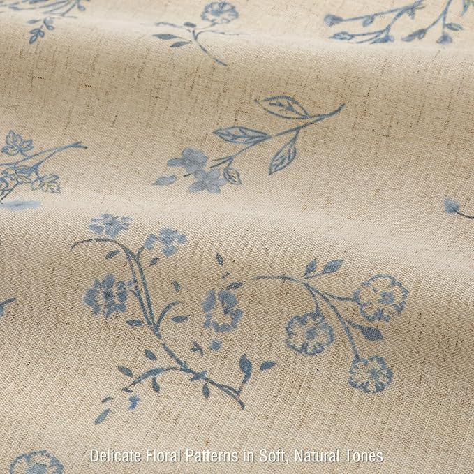 Blue Floral Vintage Linen Shower Curtain, French Country Shower Curtains for Bathroom, 72Wx78H