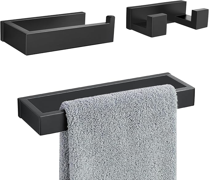 3 Pieces Matte Black Bathroom Hardware Accessories Set,SUS304 Stainless Steel Towel Holder Set Towel Holder Robe Hook Toilet Paper Holder Wall Mounted