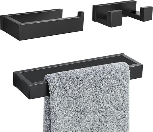 3 Pieces Matte Black Bathroom Hardware Accessories Set,SUS304 Stainless Steel Towel Holder Set Towel Holder Robe Hook Toilet Paper Holder Wall Mounted