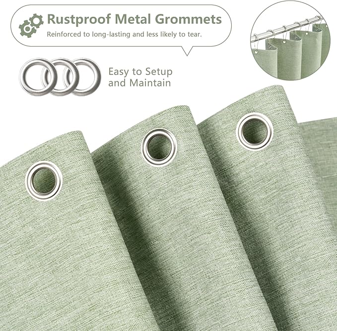 Sage Green Farmhouse Fabric Shower Curtain, 72 x 84 Inch Extra Long Natural Faux Linen Textured Shower Curtain Washable, Water-Resistant Country Rustic Thick Bathroom Curtain Ultra-Durable