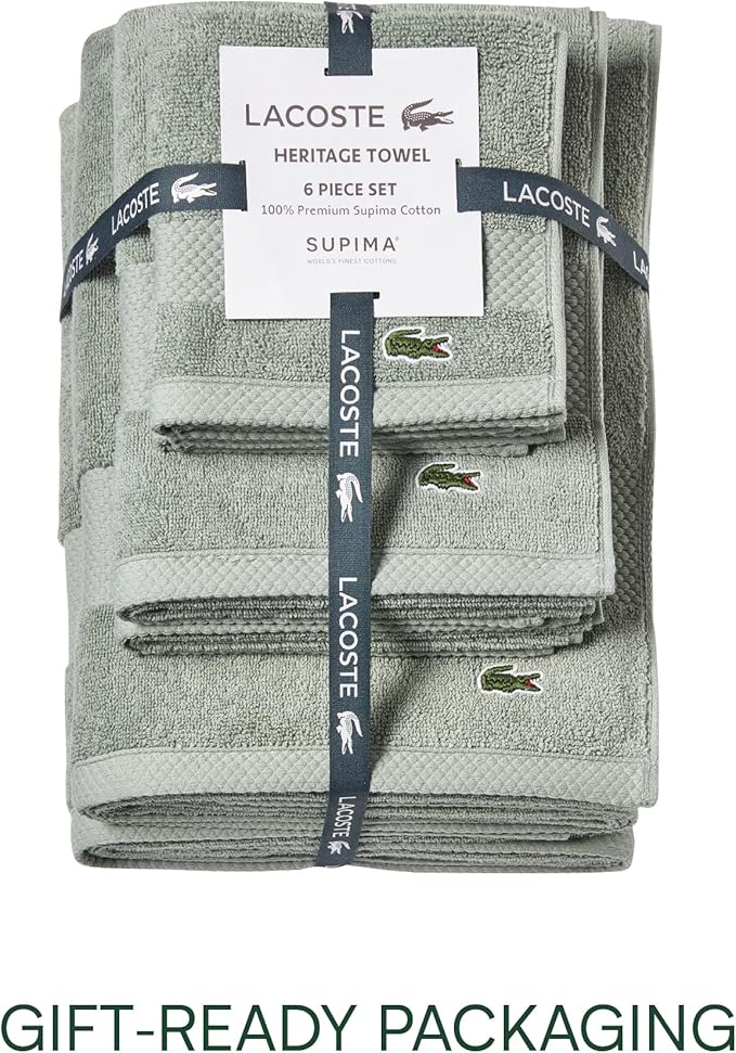 Lacoste Heritage Anti-Microbial Supima Cotton 6-Piece Towel Set, 2 Bath Towels, 2 Hand Towels, 2 Washcloths, Aloe – Highly Absorbent & Quick Drying, Bathroom Essential, Machine Washable