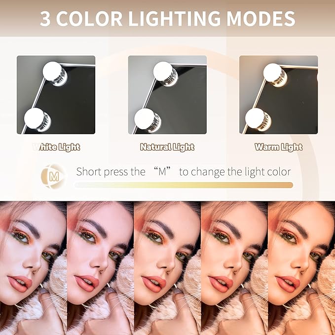 Makeup Vanity Mirror with Lights LED Makeup Mirror Detachable 10X Magnification, Hollywood Make Up Mirror with Lighting, Smart Touch, Rechargeable,360° Rotation, White 13.77"x 11.81"