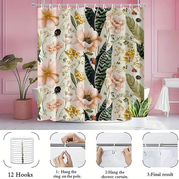 Floral Shower Curtain 72x72 Inch Botanical Flower and Ladybug Print Bathroom Curtain Vintage Garden Style for Cottagecore Decor