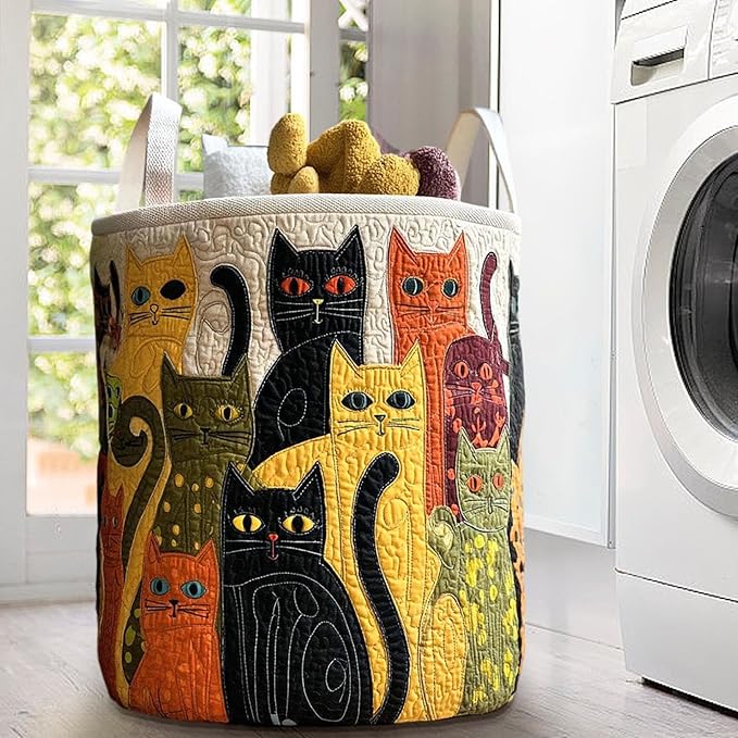 Cute Cat Quilted Laundry Basket with Handles, Boho Floral Fabric Quilted Laundry Basket, Large Soft Collapsible Storage Hamper for Nursery, Bedroom, Bathroom, Clothes & Toy Organization (#01)
