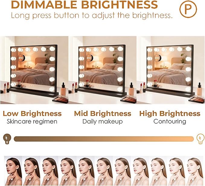Lighted Vanity Mirror, Hollywood Style, 14.5 Inch LED Makeup Mirror, White/Black, Metal Frame, 10x Magnification, 3 Dimming Modes, Smart Touch Control (Black)