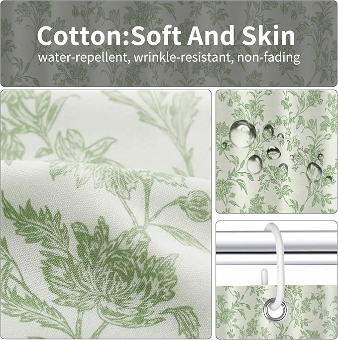 Seorsok Green Shower Curtain,Sage Cotton Floral Cottagecore,Elegant Floral Fabric Shower Curtain Machine Washable Waterproof Bathroom Decor 72'Wx72'L inches,Beige Green