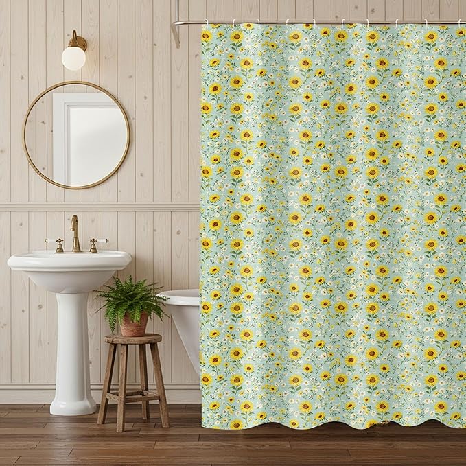 Boao Floral Shower Curtain Linen Farmhouse Cottagecore Spring Shower Curtain Boho Rustic Wildflowers Water Repellent for Bathroom Farmhouse 72" W x 72" L(Sunflower)