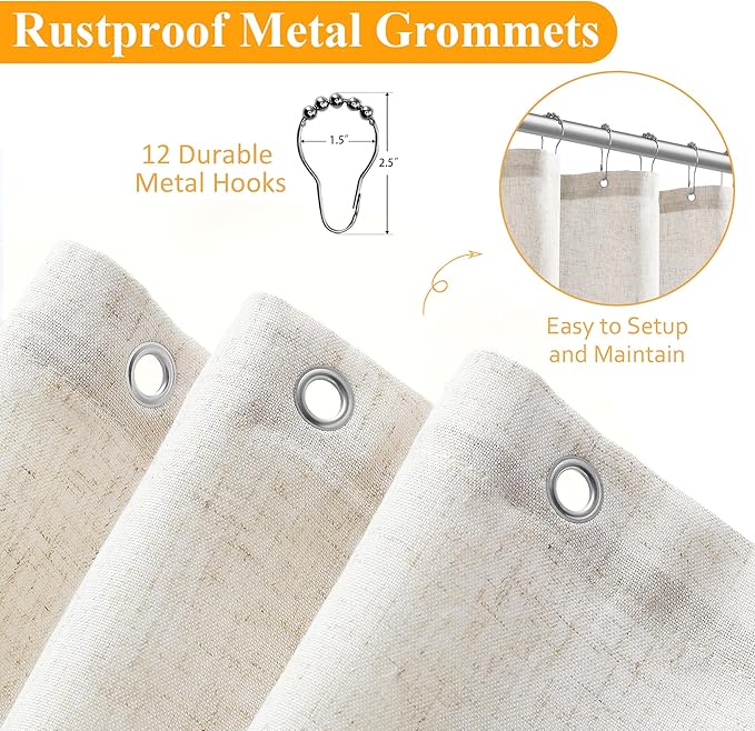 Naturoom 90 Inch Shower Curtain, Long Linen Neutral Tone Burlap Woven Look Vintage Country Style Rustic Cloth Shower Curtains for Bathroom, 72x90, Cream Beige