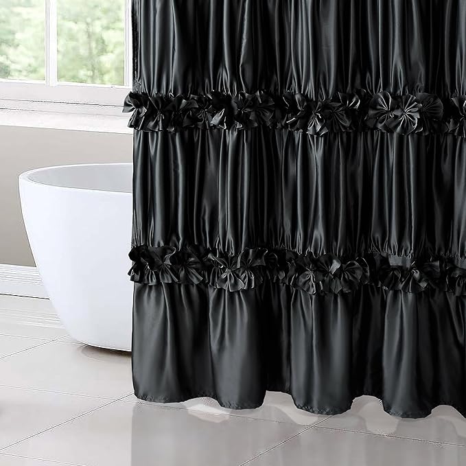 Black Ruffle Shower Curtain, Vintage Handcrafted Bow Tie Bath Curtain for Master Bathroom, Ruched Satin Bathroom Curtain with 12 Buttonholes, 72" W x 72" H (LQ-10)