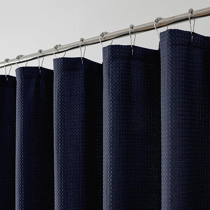 OWENIE Navy Blue Waffle Weave Fabric Shower Curtain, Textured Heavy Cloth Shower Curtains for Bathroom, Water Repellent Soft Hotel Spa Luxury Elegant Bath Curtain, Machine Washable, 72x78 Inch