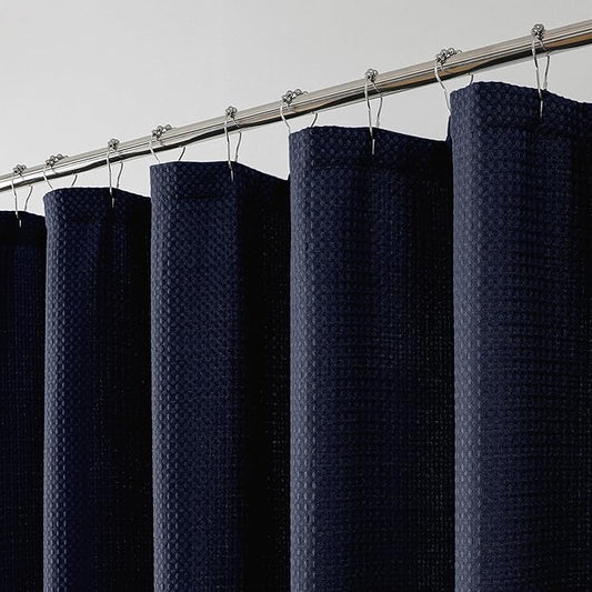 OWENIE Navy Blue Waffle Weave Fabric Shower Curtain, Textured Heavy Cloth Shower Curtains for Bathroom, Water Repellent Soft Hotel Spa Luxury Elegant Bath Curtain, Machine Washable, 72x78 Inch