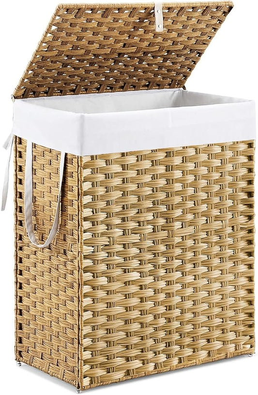 DUMOS Woven Laundry Basket with Lid, Large Capacity Hamper, Removable & Machine-Washable Liner, Foldable Rattan Clothes Hamper, Sturdy Steel Frame, Odor Control, Goose Yellow (24 Gallon)