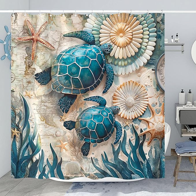 Accnicc Nautical Sea Turtle Shower Curtain Vintage Ocean Teal Blue Turtles Seashell Starfish Shower Curtains for Bathroom 3D Retro Map Beach Coastal Waterproof Fabric Bath Curtain Decor 72 X 72 Inch