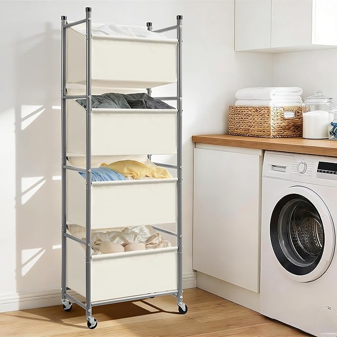 180L 4-Tier Rolling Laundry Hamper with Easy Access Removable Bag, Vertical Laundry Sorter Cart with Wheels & Brakes for Small Spaces, Dorm, Bedroom, Bathroom, Laundry Room, Beige