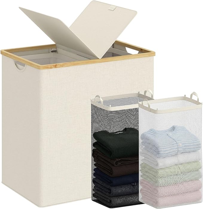 efluky Laundry Hamper with Lid, Double Laundry Hamper with 2 Removable Bags, 2 Section Laundry Basket with Bamboo Handles for Bathroom, Bedroom & Laundry Room, 140L (36.9 Gallon) Beige