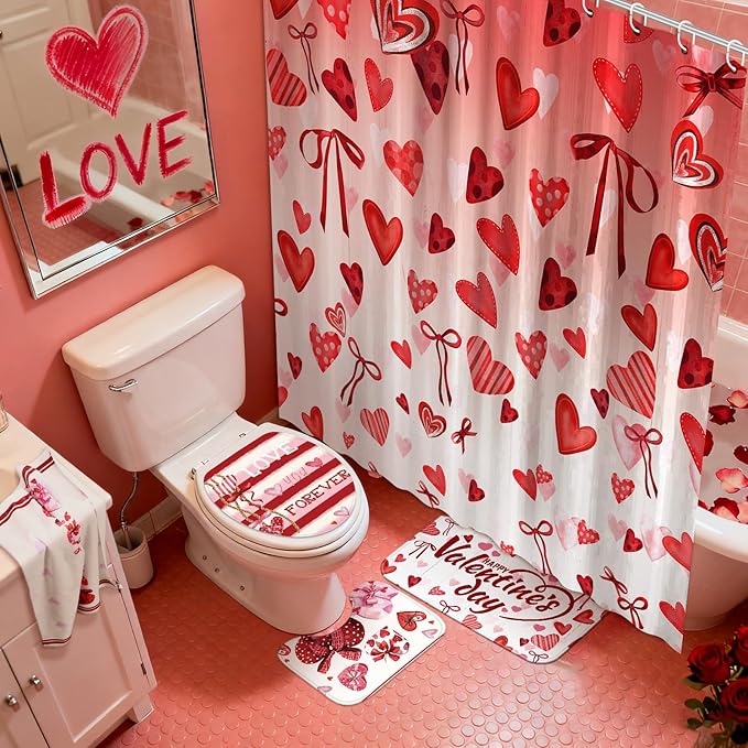 FuWeave 8 Pcs Valentines Shower Curtain Set Red Conversation Hearts Sweet Romantic Bathroom Decor Valentines Day Waterproof Shower Curtain Towels Non Slip Rug Toilet Lid Cover Bath Mat with 12 Hooks