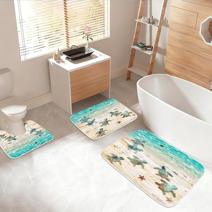 Nautical Tropical Sea Turtle Rustic Wood Plank Beach Bathroom Rugs and Mats Sets 3 Piece, Memory Foam Bath Mat, U-Shaped Contour Shower Mat Non Slip Absorbent, Velvet Washable 20 x 31 inch Green Teal