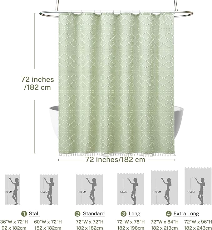 Boho Green Shower Curtain Woven Fabric Cute Shower Curtain with Tassel, 72 x 72 Tufted Chevron Textured Striped Modern Farmhouse Minimalist Cloth Shower Curtain for Bathroom