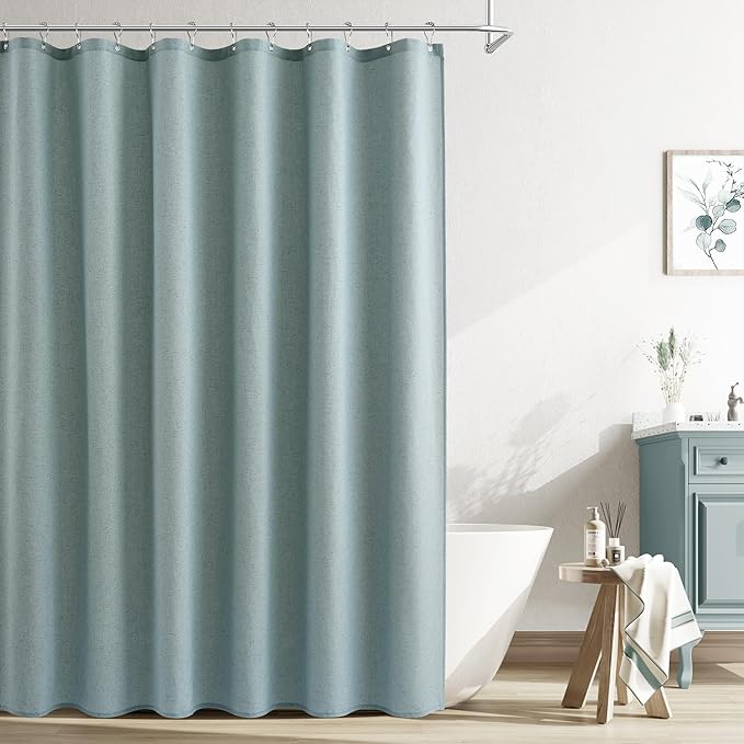 Naturoom Light Blue Linen Shower Curtain, Country Boho Farmhouse Bath Decor Shower Curtains Neutral Cloth Weighted Textured Fabric Bath Curtain Liner with Hooks, 72x96