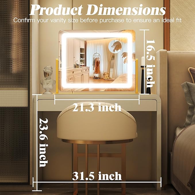 17" x22" Vanity Mirror with Light, LED Makeup Mirror with Lights, 10X Magnification Mirror Makeup with 360°Rotation, 3 Color Modes ＆ Dimmable, Light up Makeup Mirror for Vanity Desk, Travel, Gold