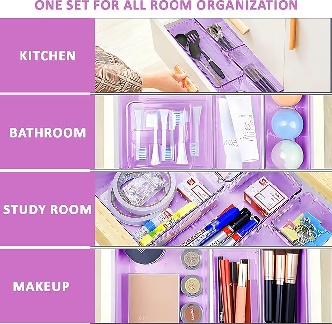 Kuber Industries 8 Pcs Acrylic Transparent Cosmetic Organizer Tray | Drawers Organisers for Kitchen, Office and Bathroom Vanity Makeup | Stationery Storage Drawer Divider Tray | Purple