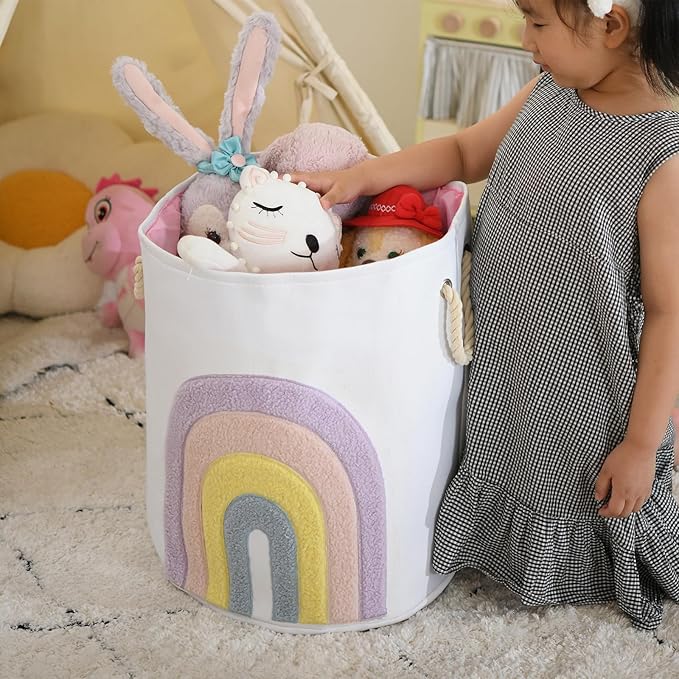 INough Pink Baby Hamper, XL Canvas 58L Laundry Basket with Drawstring Closure, Boho Rainbow Decor