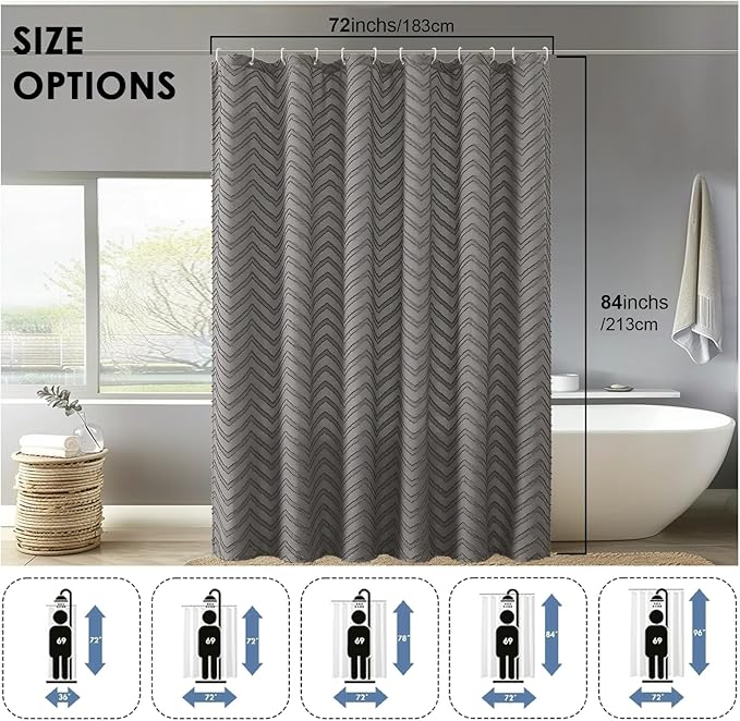 OVZME Grey Tall Shower Curtain 84 Inch Length, Boho Style Modern Hotel Tufted Chevron Striped Fabric Textured Shower Curtain for Bathroom, Soft Fabric Protect Privacy Cloth, 72Wx84L Inches