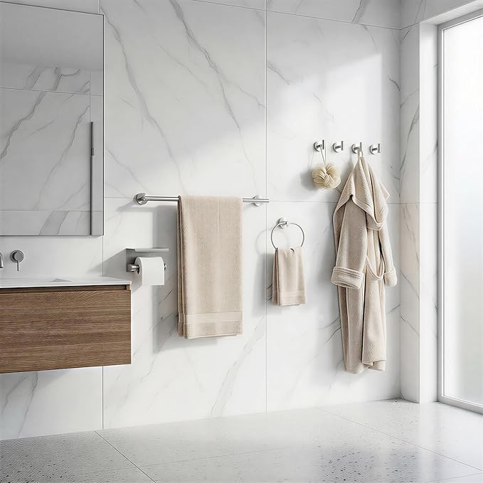 7-Piece Bathroom Hardware Accessories Set SUS304 Stainless Steel Towel Bar Set Wall Mounted 25.9-Inch Towel Rack, Towel Ring, Toilet Paper Holder with Shelf & 4 Hooks, Silver