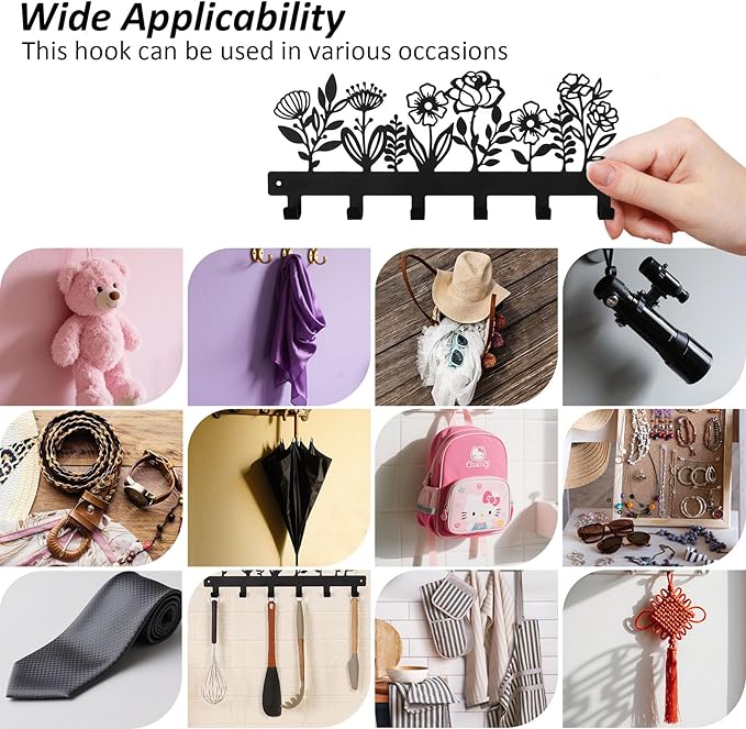 16 Inches Towel Rack Key Holder Wall Mounted with 6 Hooks, Black Metal Keychain Hanger for Entryway Front Door Hallway Mudroom, Waterproof Rustproof Kitchen Bathroom Organizer Home Decor