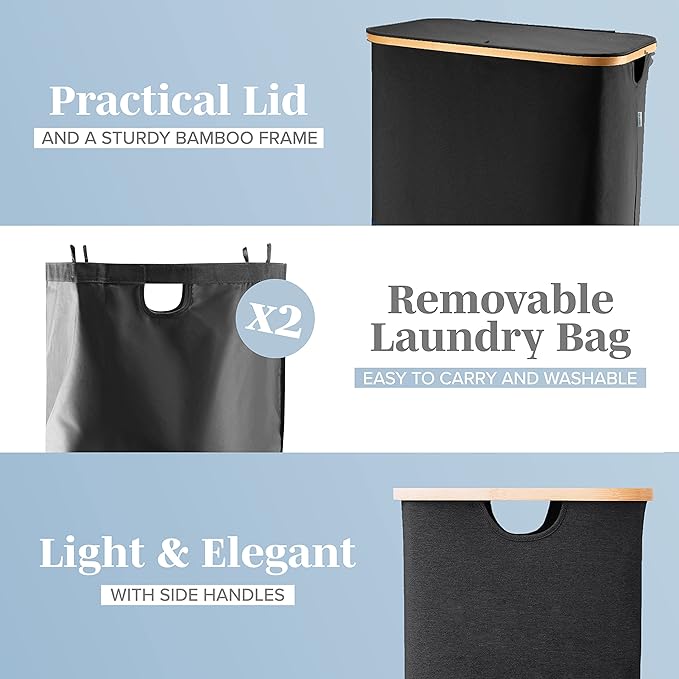 LONBET Laundry Basket with Lid, Made from Breathable Fabric | Aesthetic Clothes Hampers for Laundry with Side Handles & Sturdy Bamboo Frame (40 Gallons - Double, Black)