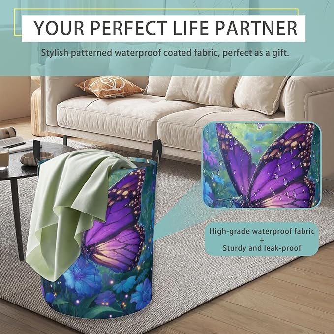 Laundry Hamper Foldable Oxford Cloth Purple Butterfly Flower Laundry Basket With Handle Portable Clothes Storage Organizer Basket Storage Bag For Laundry Room/Bedroom/Bathroom