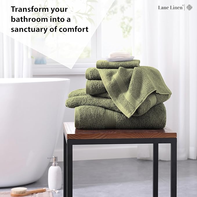 LANE LINEN 100% Cotton Bathroom Towel Set - 6 Pcs - Ringspun, Quick Dry, Super Soft & Highly Absorbent - 2 XL Bath Towels, 2 Washcloths, 2 Hand Towels - Tumble Dry regains Fluffiness - Oil Green