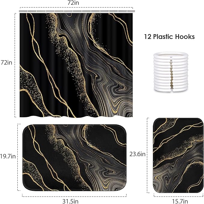 ArtSocket Marble Black Gold Bathroom Set with Shower Curtain and Bath Rugs and Accessories,Agate Golden Stone Non-Slip Shower Curtain Set,Bathroom Decor 3 Pcs